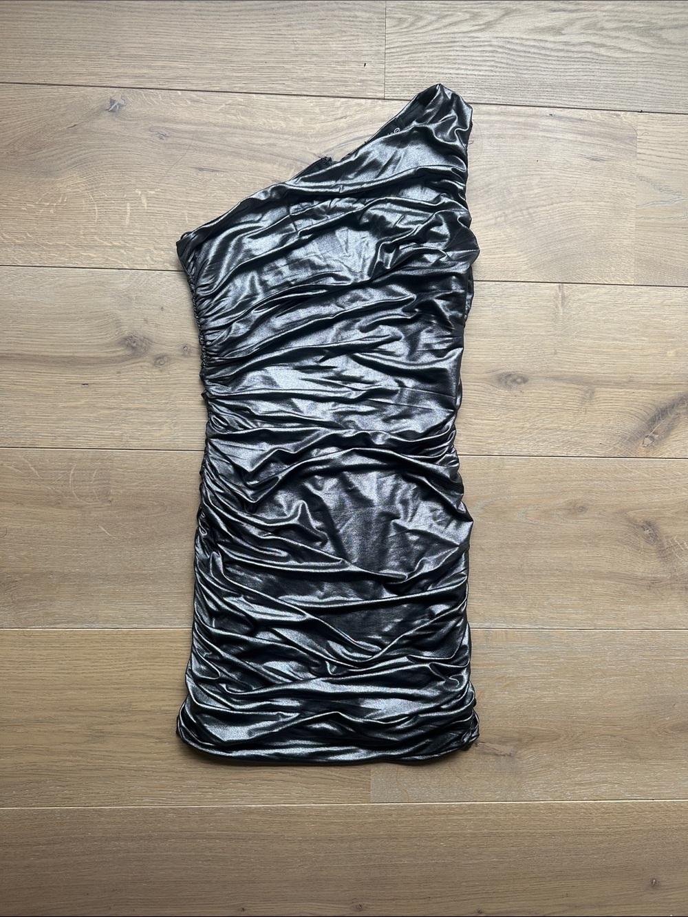 BEBE One-Shoulder Metallic Ruched Bodycon Dress - SILVER